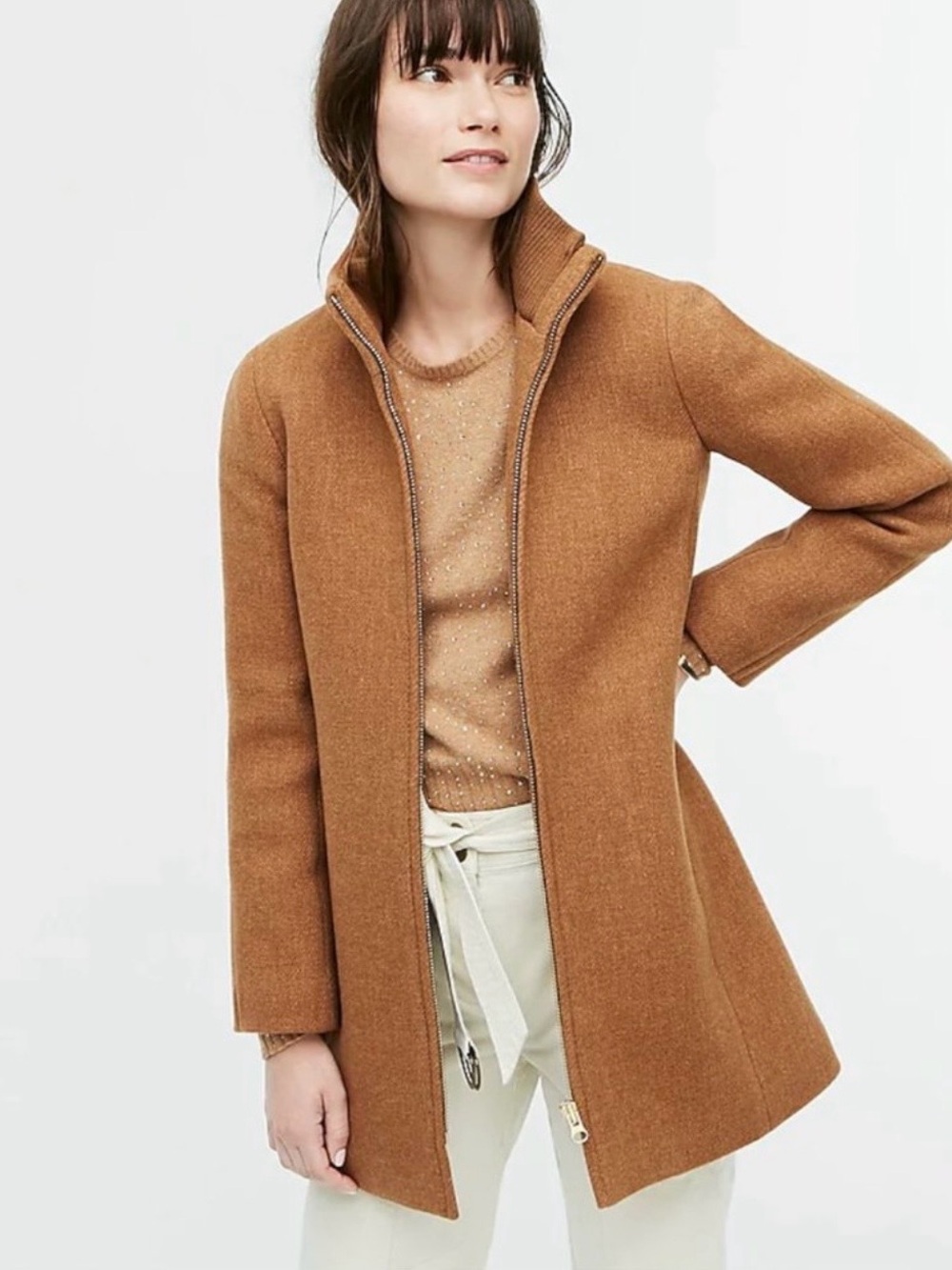J.Crew Lodge Coat in Italian Stadium-Cloth Wool Heather Acorn 00 XS Camel Brown